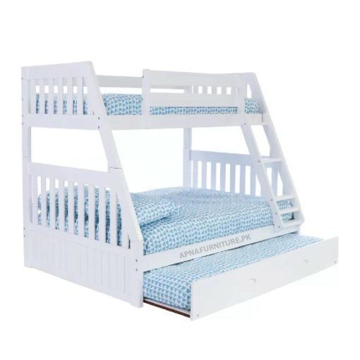 Solid wood bunk bed with stairs in white color