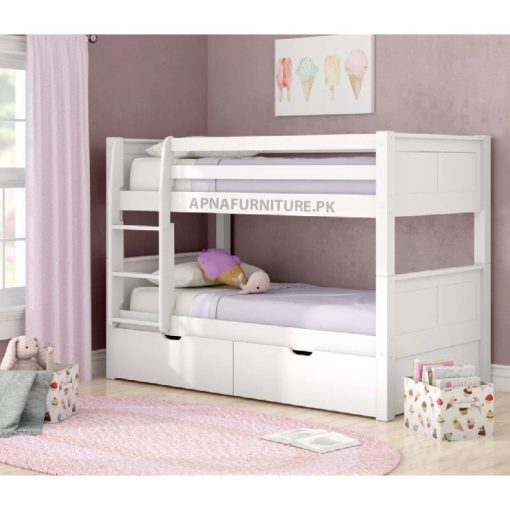 White bunk bed with storage drawers