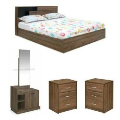 elegant double bed set with dressing table, mirror and two side tables in laminated engineered wood