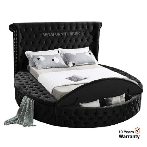 round double bed with storage boxes