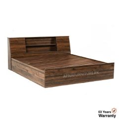 laminated engineered wood double bed with shelves in the headboard